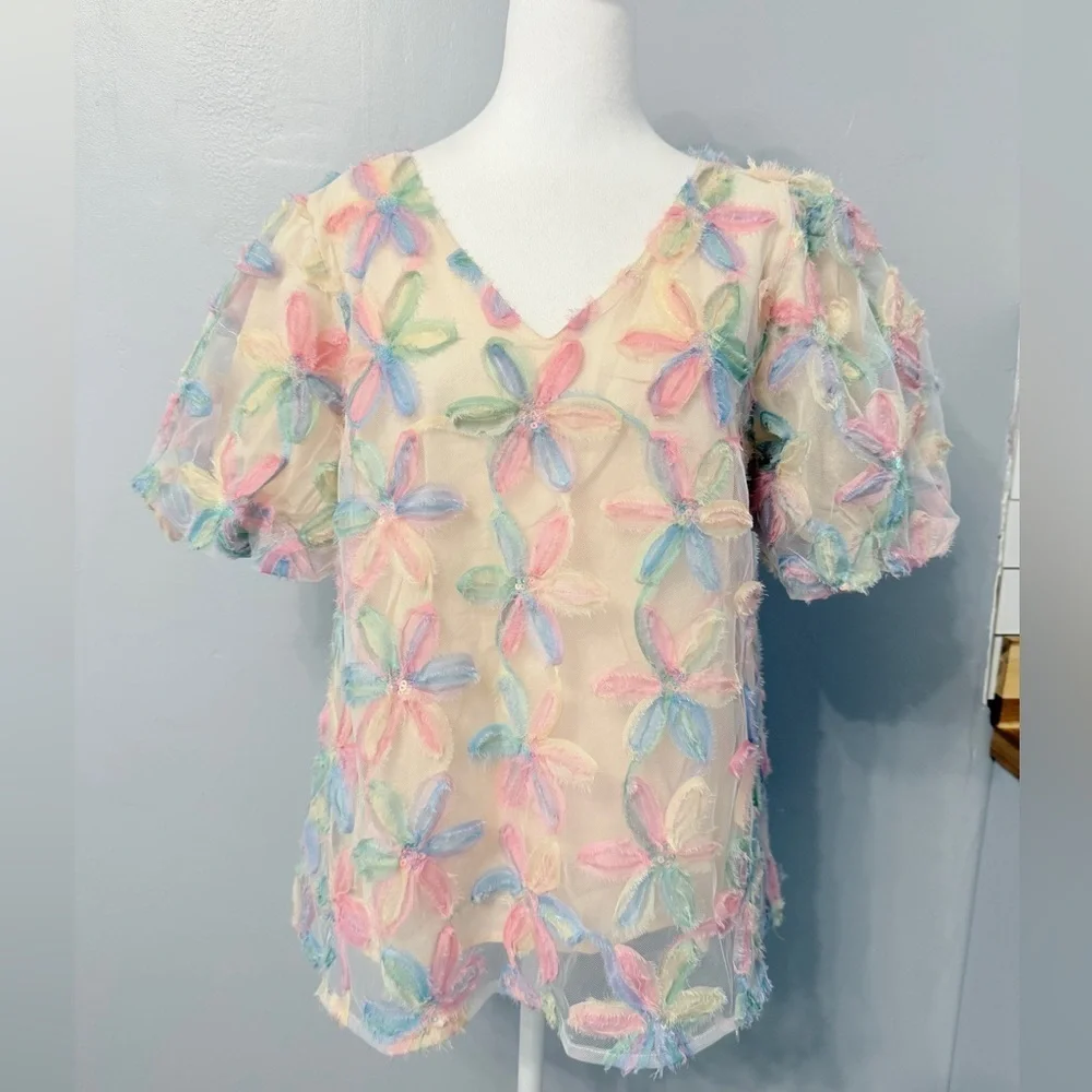 #5)  Umgee Pastel Floral Sheer Blouse